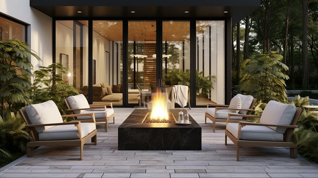 modern metal fire pit in outdoor living space