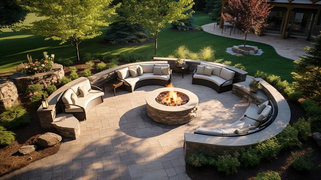 fire pit area with built-in stone seating