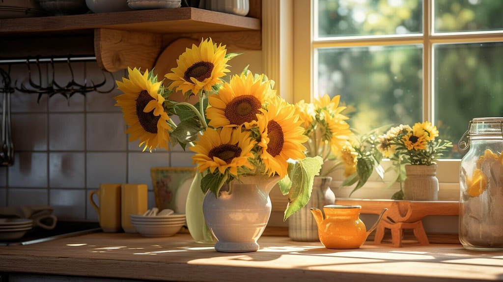 yellow flowers in a vase on a kitchen counter